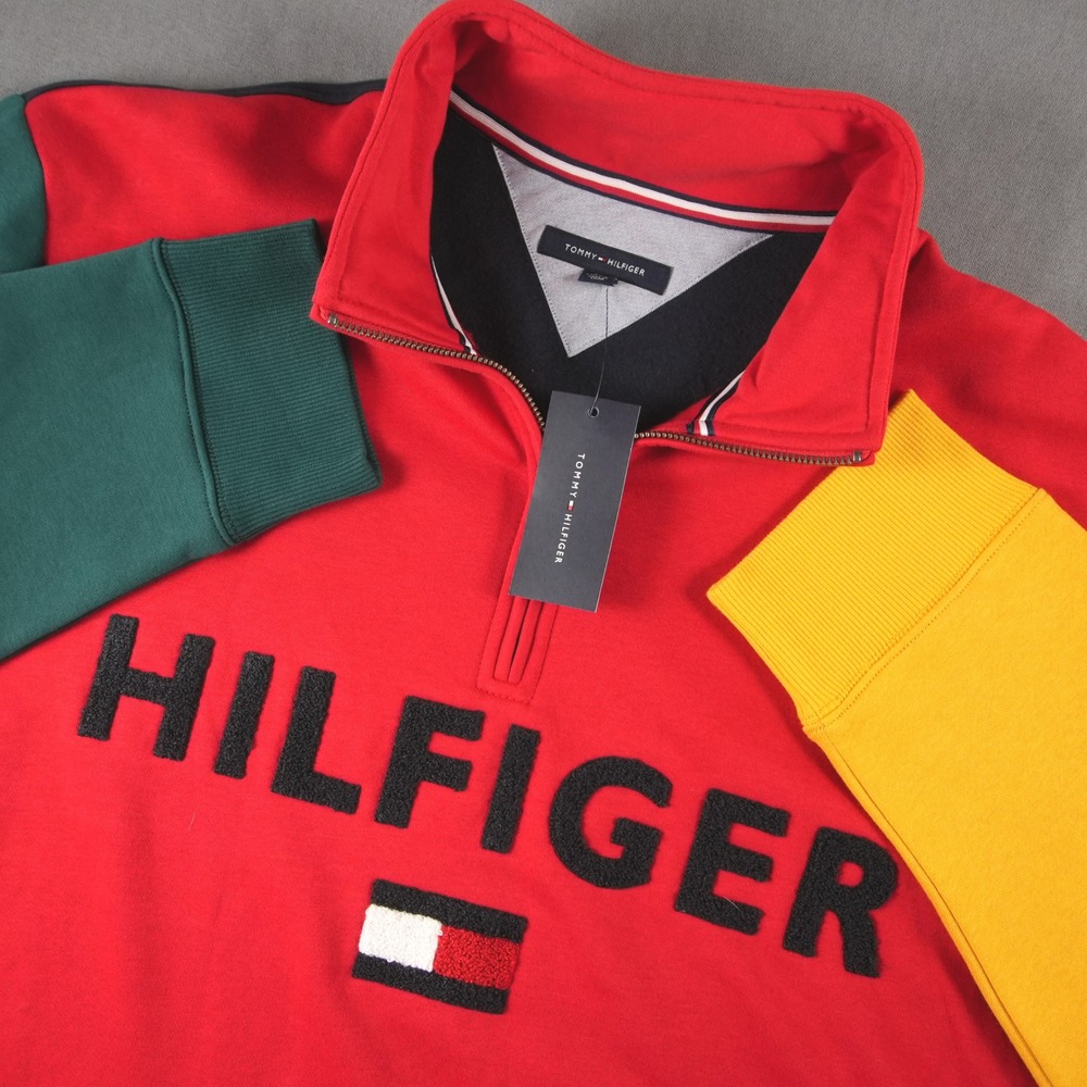 Y2k Tommy Hilfiger 1/4 Zip Sweater Mens XXL Colorblock Chenille Logo 78E5192